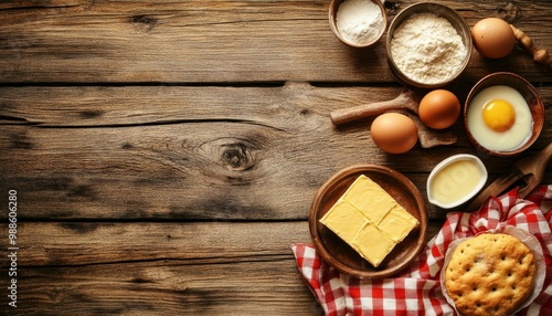 Rustic Baking Ingredients Flat Lay of Dough Recipe Essentials on Vintage Wooden Table