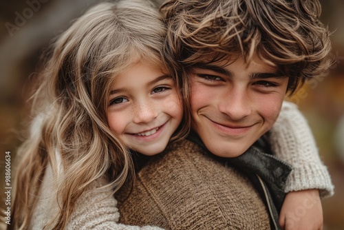 A little sister on her big teenage brother's back giving him a kiss on the cheek in an endeering moment amongst siblings in a family, Generative AI