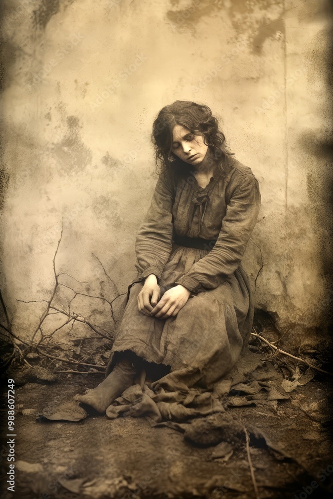 A melancholy woman in tattered clothing sits against a worn wall, her posture reflecting exhaustion. The sepia tones and barren surroundings evoke a sense of despair and historical struggle. A melancholy woman in tattered clothing sits against a worn wall, her posture reflecting exhaustion. The sepia tones and barren surroundings evoke a sense of despair and historical struggle.