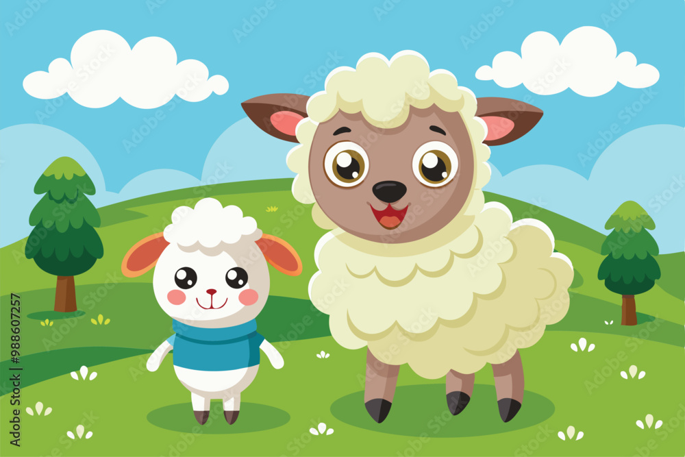 Two cartoon lambs stand together on a grassy hillside with trees and fluffy clouds around them, a cartoon character sheep lamb Two cartoon lambs stand together on a grassy hillside with trees and fluffy clouds around them, a cartoon character sheep lamb