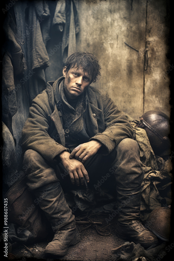 A war-weary soldier sits exhausted in a dimly lit space. His dirt-covered face and tattered uniform convey fatigue and the harsh realities of battle, evoking a raw sense of resilience and hardship. A war-weary soldier sits exhausted in a dimly lit space. His dirt-covered face and tattered uniform convey fatigue and the harsh realities of battle, evoking a raw sense of resilience and hardship.