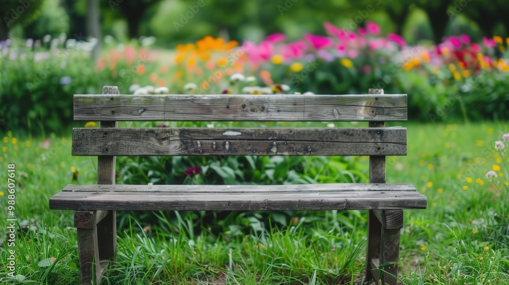 Rustic wooden bench surrounded by vibrant flowers in a lush green field, inviting serenity and peaceful contemplation in a natural setting. Rustic wooden bench surrounded by vibrant flowers in a lush green field, inviting serenity and peaceful contemplation in a natural setting.