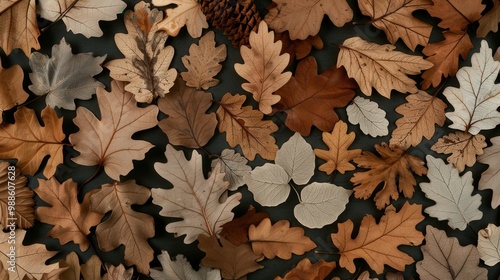 Rustic Autumn Foliage, a rich tapestry of dried leaves and earthy tones, showcasing intricate textures, evoking a timeless and organic vintage atmosphere. photo