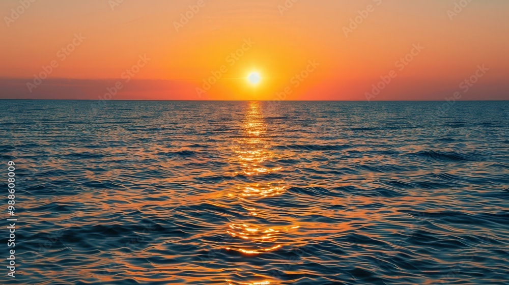 Fototapeta premium Golden Sunset Reflections, a serene scene of sunlight illuminating the water at dusk, creating a warm ambiance on a calm evening, inviting peace and contemplation.