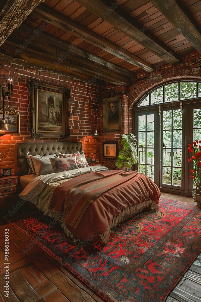 Cozy bedroom with brick walls and wooden beams Cozy bedroom with brick walls and wooden beams