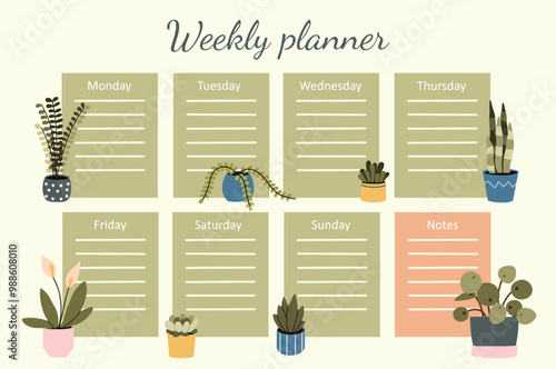 Hand drawing vector weekly planner with plants. Daily organizer