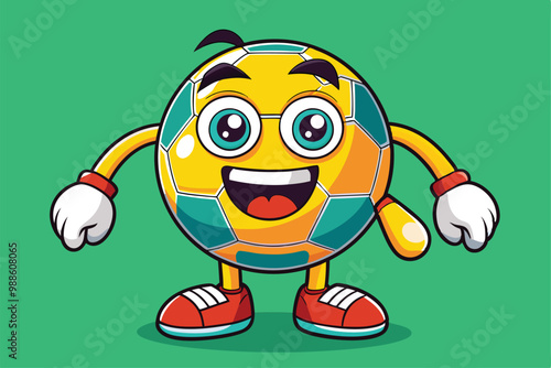 A cheerful cartoon soccer ball character smiles and stands ready to play sports on a vibrant green background, a cartoon character soccer ball