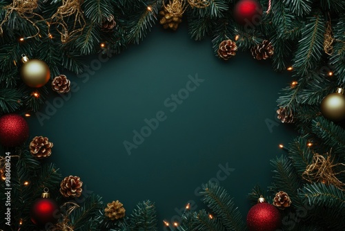 Festive christmas mockup with tinsel. Dark green vintage frame with golden and red ornaments. Blank xmas template with New Year decorations, empty space. with generative ai