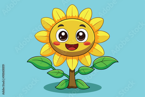 A smiling cartoon sunflower displays its vibrant petals while spreading joy, a cartoon character sunflower