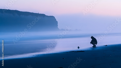 A lone beachcomber searching for shells along a misty shoreline at dawn.
