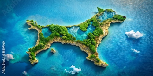 A whimsical island map, shaped like a dog, exhibiting geological wonders including majestic sea cliffs, extensive cave photo