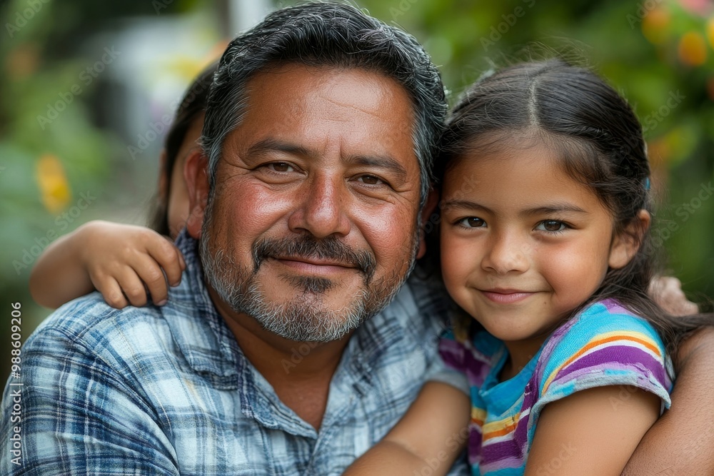 Hispanic father sitting and hugging his children, Generative AI Hispanic father sitting and hugging his children, Generative AI