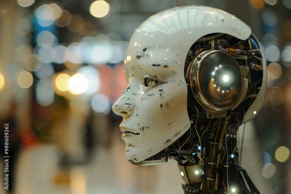 Close up of humanoid robot head with exposed wires and machinery showing technological advancement Close up of humanoid robot head with exposed wires and machinery showing technological advancement