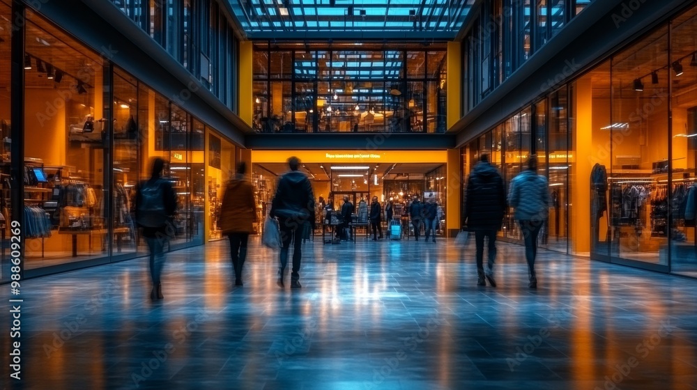 Modern Shopping Mall Interior With Storefronts, Illumination, And People Walking, Long Exposure Blur Modern Shopping Mall Interior With Storefronts, Illumination, And People Walking, Long Exposure Blur