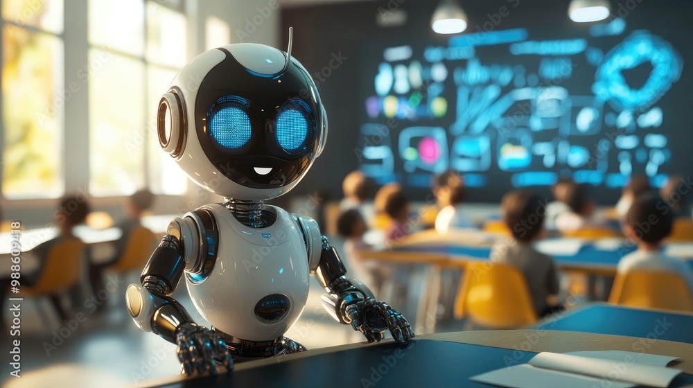 AI artist robot in a modern classroom teaching creative expression to children using digital technology and smartboards. No logo, no people. AI artist robot in a modern classroom teaching creative expression to children using digital technology and smartboards. No logo, no people.