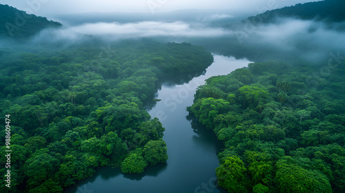 A lush island jungle with ancient banyan trees and a misty river winding through it.