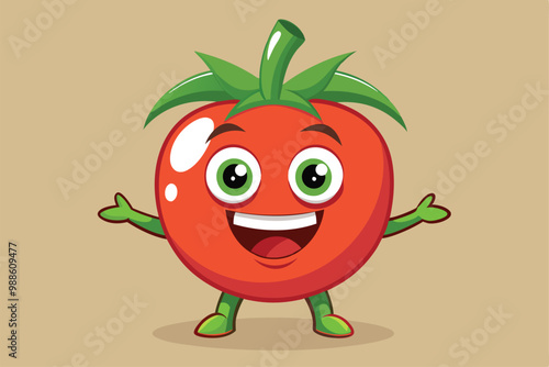 A lively cartoon tomato character is joyfully posing with outstretched arms and a wide smile, a cartoon character Tomato
