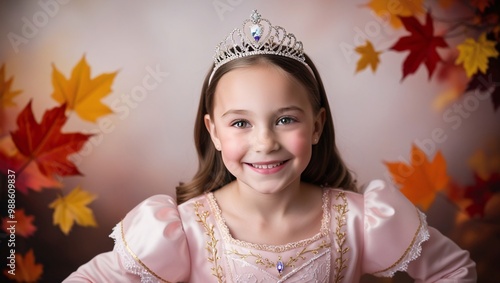 A young girl in a princess costume, with a sparkling tiara and pastel makeup, posed against a softly blurred autumn backdrop for a whimsical Halloween portrait photo