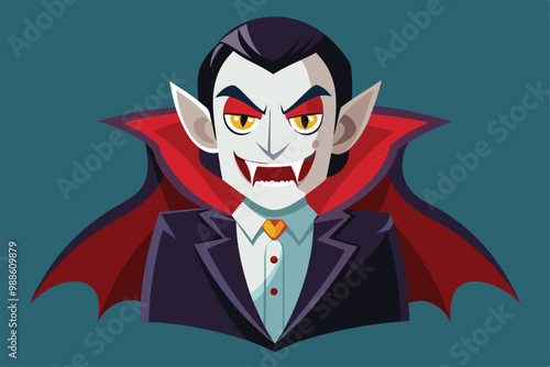 A cartoon vampire with fangs showcases an imposing presence under a deep blue sky, a cartoon character vampire photo