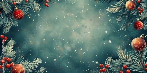 Christmas background with fir branches and red balls photo