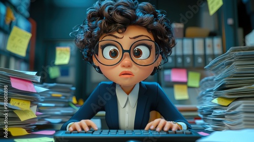 Anxious Cartoon Woman Working at a Computer with Piles of Papers and Sticky Notes photo