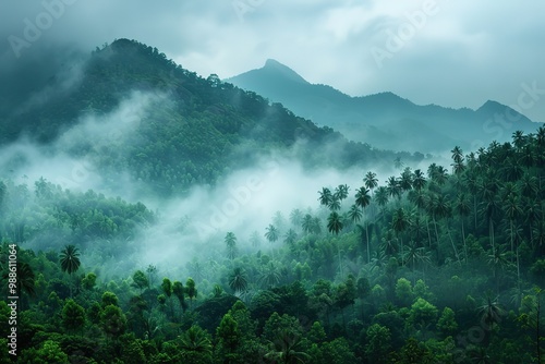 Mountains under mist in the morning Amazing nature scenery form Kerala God's own Country Tourism and travel concept image, Fresh and relax type nature image photo