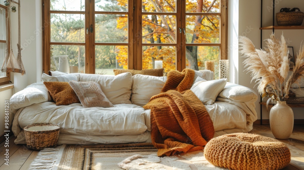 Fototapeta premium Autumn or fall season. Cozy Ambiance of Autumnal Interiors. warmly lit living room adorned with autumnal decor cozy throws, flickering candles, rustic accents reating sense of comfort and invitation.