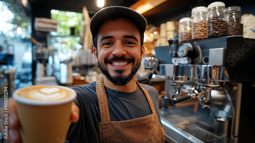 Barista in a trendy coffee shop taking a selfie holding a freshly brewed latte with latte art