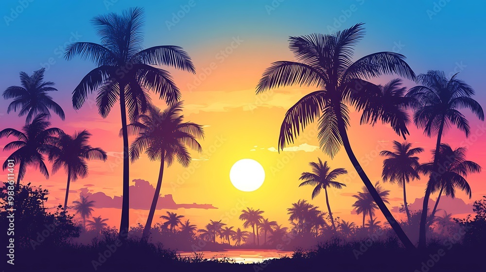 Silhouette Tropical Palm Trees Sunset Landscape Silhouette Tropical Palm Trees Sunset Landscape
