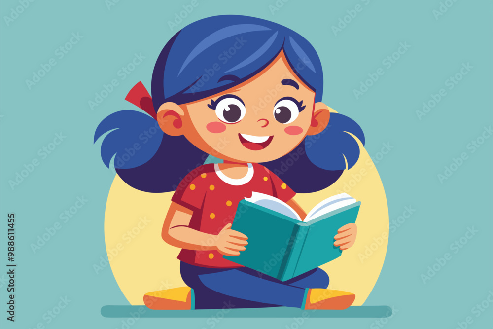 A cheerful young girl enjoys reading a book in a vibrant atmosphere, a cartoon character Young girl reading a book. A cheerful young girl enjoys reading a book in a vibrant atmosphere, a cartoon character Young girl reading a book.