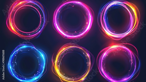 Set of glowing neon color circles round curve shape with wavy dynamic lines isolated on black background technology concept. Circular light frame border. You can use for badges, price tag, label