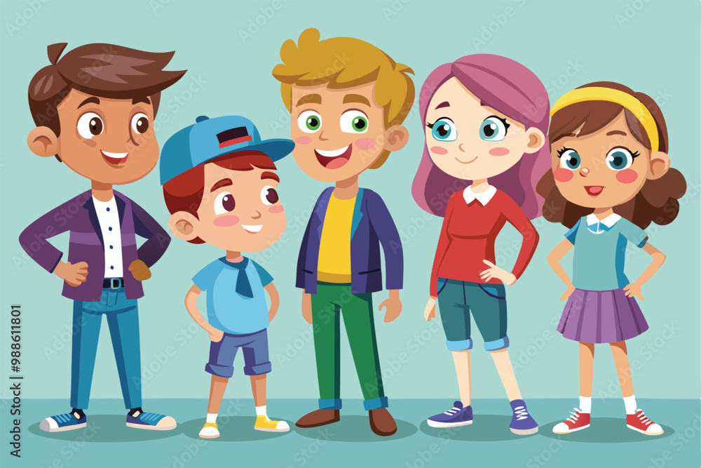 Young characters stand together, chatting happily in a bright and playful environment, a cartoon character young people standing and talking Young characters stand together, chatting happily in a bright and playful environment, a cartoon character young people standing and talking