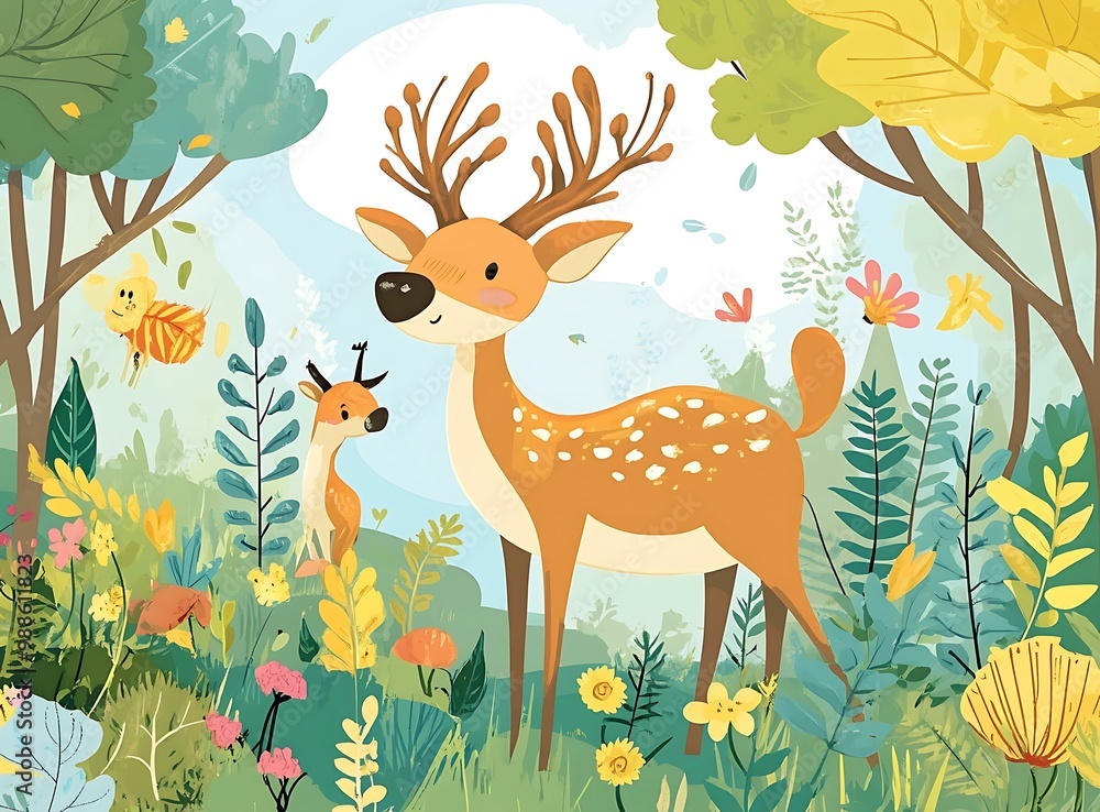 Cute Deer Family In The Spring Forest Cute Deer Family In The Spring Forest