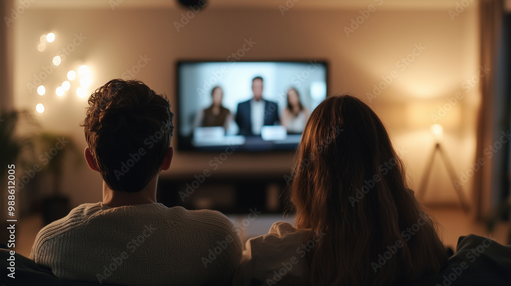 An American family watching a live political debate on a large TV in their living room, discussing the 2024 election candidates, highlighting civic engagement. photo An American family watching a live political debate on a large TV in their living room, discussing the 2024 election candidates, highlighting civic engagement. photo