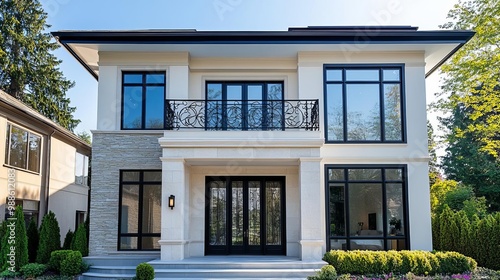 Wallpaper Mural Elegant suburban house with a wrought-iron balcony, stone detailing, and tall French windows Torontodigital.ca