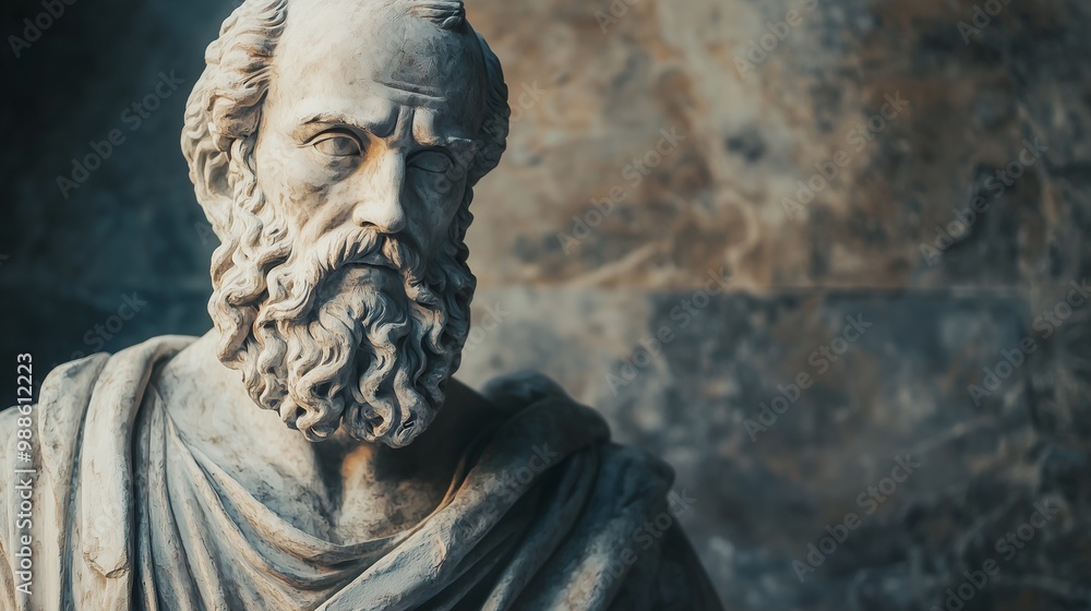 Fototapeta premium Ancient greek philosopher statue with a contemplative expression, symbolizing wisdom and knowledge.
