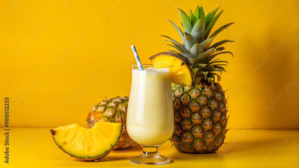 Classic Piña Colada with Fresh Pineapple on Yellow Background Classic Piña Colada with Fresh Pineapple on Yellow Background