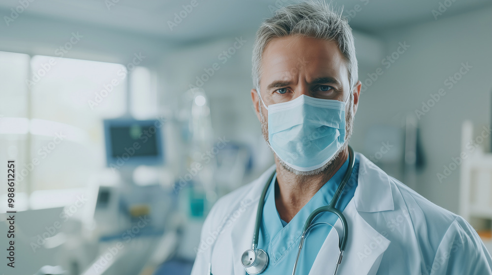 Close-up portrait of a mature male physician in full protective medical gear, including a stethoscope and mask, standing in a hospital room, symbolizing dedication to healthcare an Close-up portrait of a mature male physician in full protective medical gear, including a stethoscope and mask, standing in a hospital room, symbolizing dedication to healthcare an