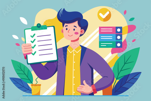 A man reviews his checklist with a smile in a modern, colorful workspace filled with plants, A man holds a list