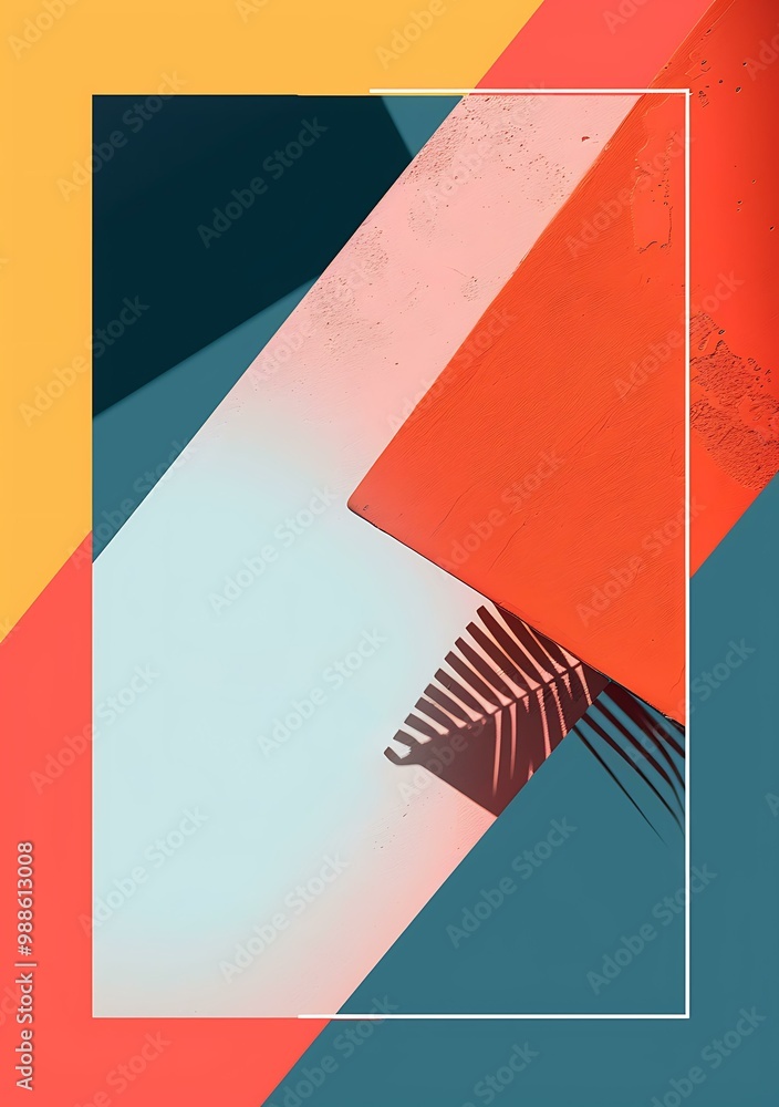 Abstract Colorful Geometric Shapes Background With Palm Leaf Shadow Abstract Colorful Geometric Shapes Background With Palm Leaf Shadow