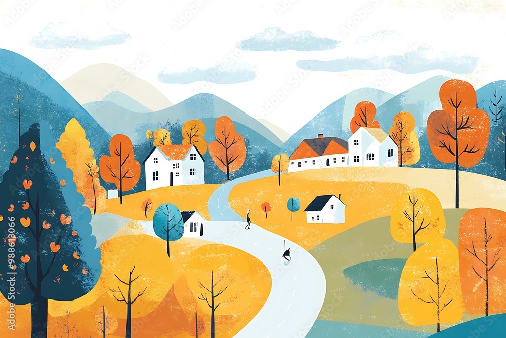 Naklejka premium Autumn Landscape with Houses and People