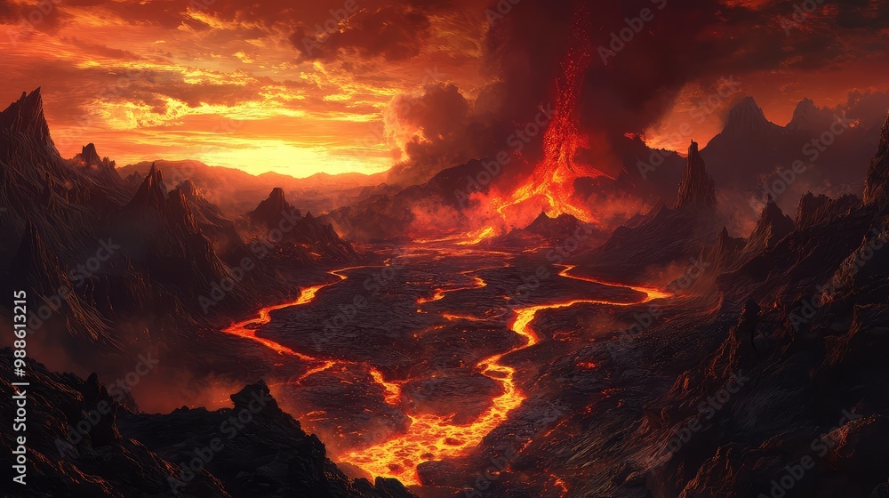 A volcanic landscape with rivers of molten lava snaking through jagged black rocks, under a blood-red sky filled with ash. A volcanic landscape with rivers of molten lava snaking through jagged black rocks, under a blood-red sky filled with ash.