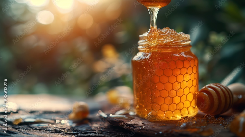 Honey. Natural organic honey in a glass jar. Beautiful advertising photo with space for text. Benefits of honey. Natural antioxidant. Prevention and treatment of colds. Natural food background.