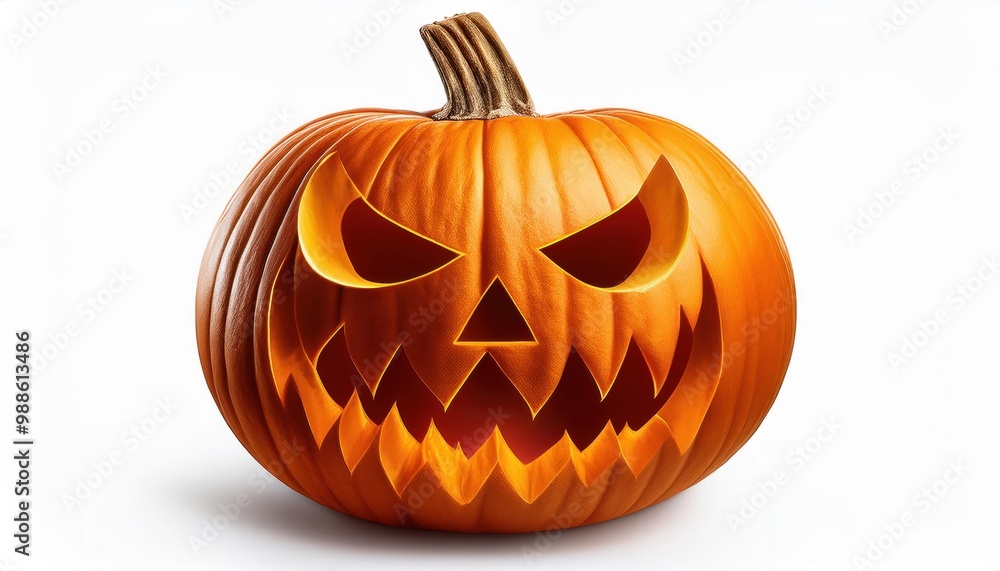 Vividly Carved Halloween Jack-O'-Lantern Pumpkin with Sharp Toothed Grin and Menacing Eyes, Capturing the Classic Spooky Autumn Vibe Against a White Background Vividly Carved Halloween Jack-O'-Lantern Pumpkin with Sharp Toothed Grin and Menacing Eyes, Capturing the Classic Spooky Autumn Vibe Against a White Background