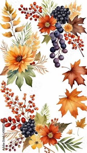 autumn arrangements leaf illustration watercolor maple chrysanthemum botanical set rowan fall floral bouquets thanksgiving grape card olated flower design invitation watercolor fall bouquet flower