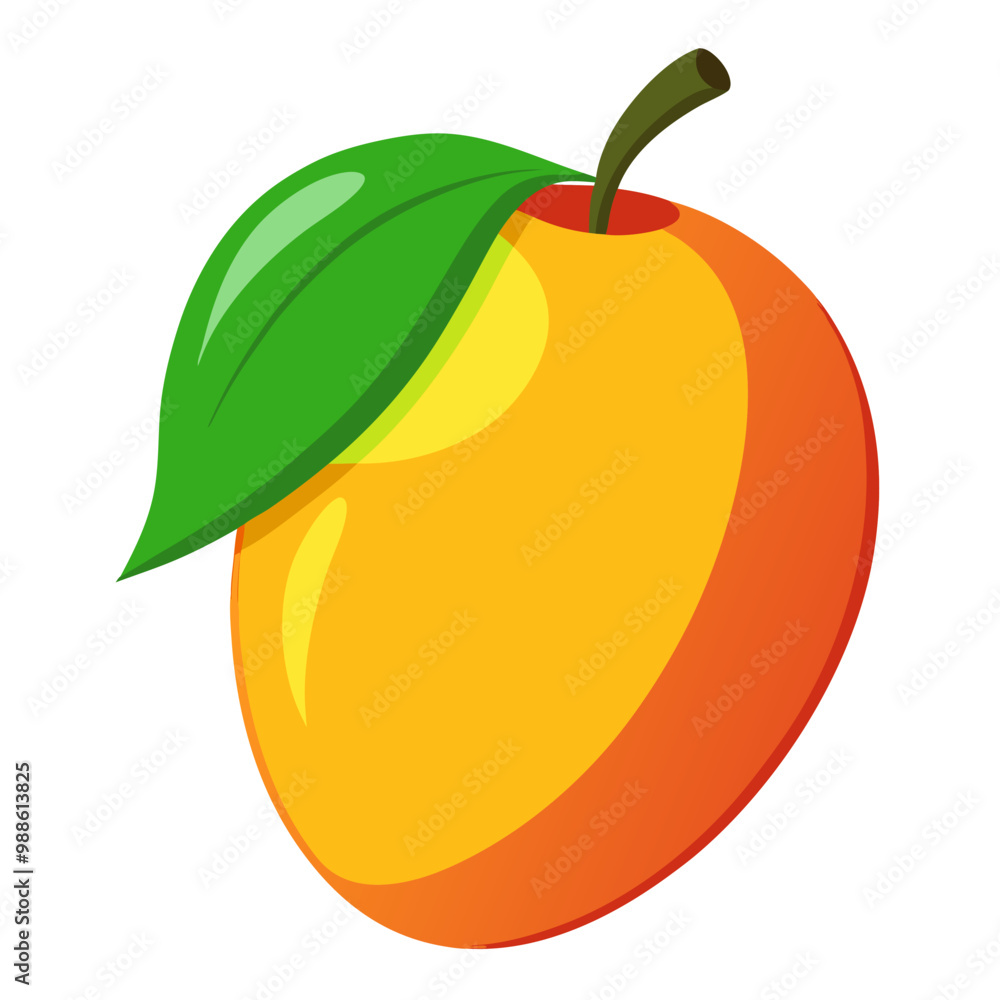 A mango with a green leaf rests on a clean white background A mango with a green leaf rests on a clean white background