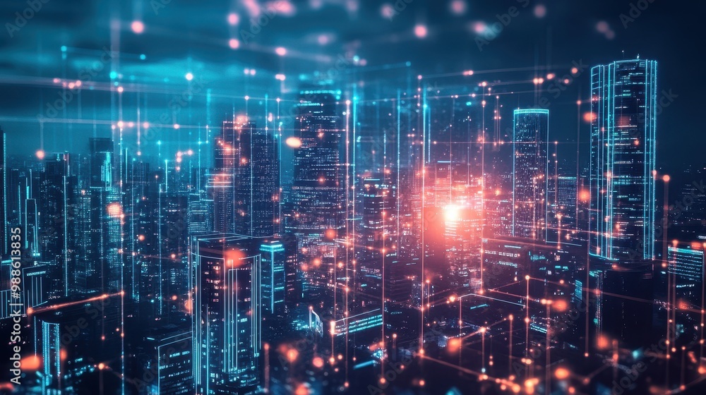 Futuristic Cityscape With Glowing Lights and Technological Connections Futuristic Cityscape With Glowing Lights and Technological Connections