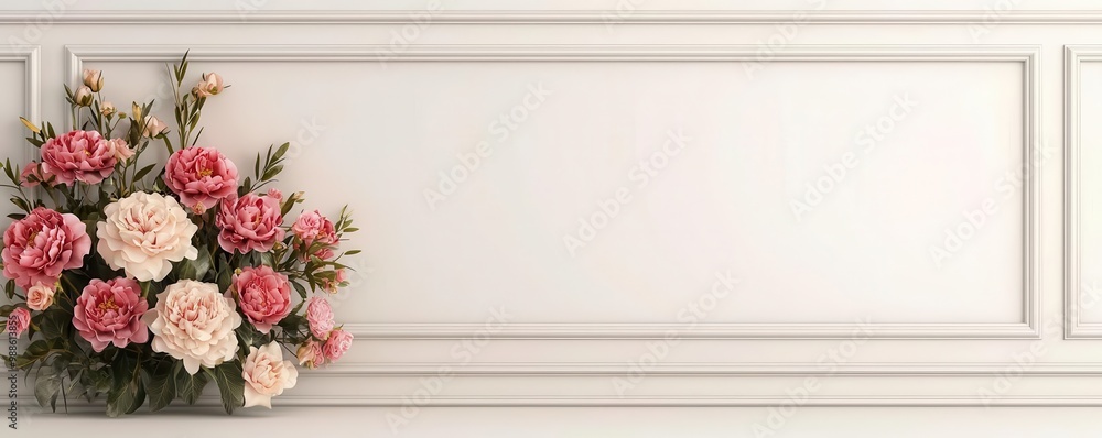 A delicate arrangement of pink and white flowers against a clean, white wall, creating a serene and elegant atmosphere. A delicate arrangement of pink and white flowers against a clean, white wall, creating a serene and elegant atmosphere.
