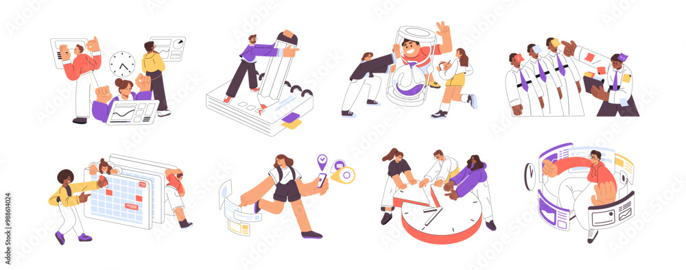 People planning set. Employees use schedule, office timetable. Arranging business task in calendar, work with deadline. Time management concept. Flat isolated vector illustrations on white background People planning set. Employees use schedule, office timetable. Arranging business task in calendar, work with deadline. Time management concept. Flat isolated vector illustrations on white background