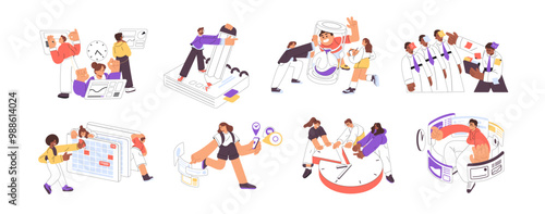 People planning set. Employees use schedule, office timetable. Arranging business task in calendar, work with deadline. Time management concept. Flat isolated vector illustrations on white background